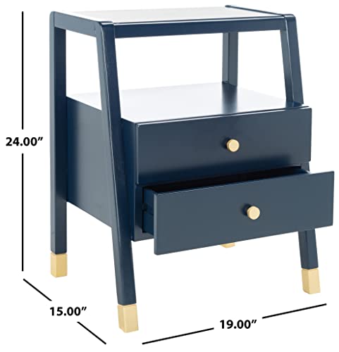 SAFAVIEH Furniture - Cove Navy & Gold 2-Drawer Accent Table Nightstand with Open Shelf, Modern Glam Bedroom Living Room Storage Furniture, 19"W x 15"D x 24"H (ACC6602A)