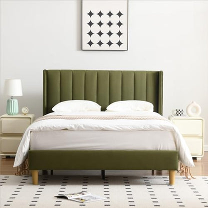 Full Bed Frame，Platform Bed with Upholstered Headboard，Grass Green, view 4