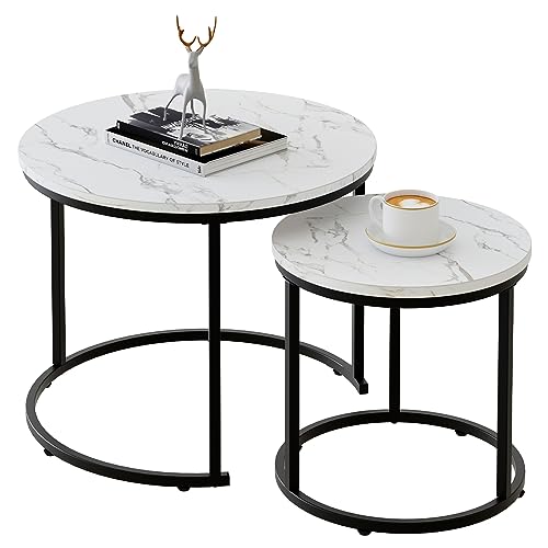 Round Nesting Coffee Table Side Table Set of 2 End Tables for Living Room Bedroom Balcony, White Faux Marble Wooden Table Accent Coffee Table with Black Steel Frame