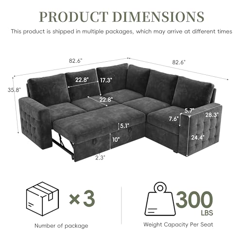 86" Sectional Sleeper Sofa Bed, 5 Seat Pull Out Couch with Storage, Gray | L Shaped Sectional Couches for Living Room, Apartment and Guest Room, Chenille Upholstered Sectional Couch