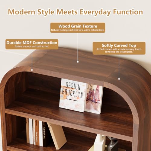 70" Tall Arched Bookcase, 6-Tier Bookshelf with Floral Storage (Walnut), view 4
