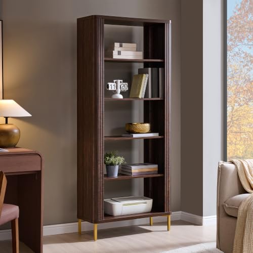 74" Tall Fluted Bookshelf, 5 Tiers Modern Curved Bookcase, Brown, view 2