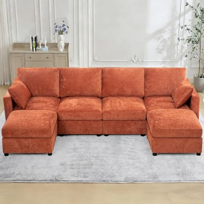 110” Chenille 4-Seats Sofa W/Two Movable Ottomans, Orange | Modern Fabric U-Shaped Couch w/Soft Backrests, Upholstered Sectional Sofa w/Arm Pillows for Living Room, Office