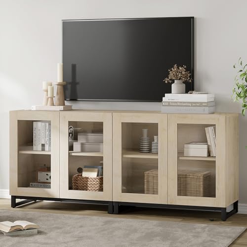 Modern TV Stand with Glass Doors for 40-70 inch TVs, 2 in 1 Entertainment Center Console with Adjustable Shelves and Metal Base for Living Room, Bedroom, Beige