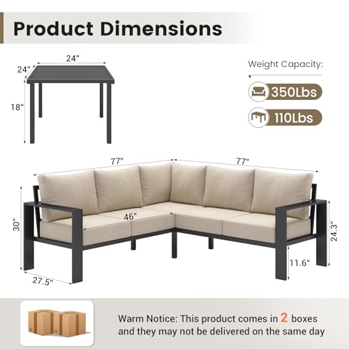 6 Piece Patio Furniture Set, Metal Outdoor Sectional Sofa with 6" Thick Olefin Cushions, Wide Armrest & Coffee Table, L Shaped Outdoor Furniture for Garden, Backyard Beige