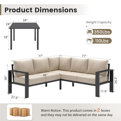 6 Piece Patio Furniture Set, Metal Outdoor Sectional Sofa with 6" Thick Olefin Cushions, Wide Armrest & Coffee Table, L Shaped Outdoor Furniture for Garden, Backyard Beige