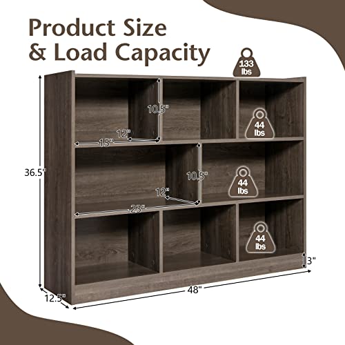 8 Cube Bookcase, Freestanding 3-Tier Open Bookshelf, Grey | Modern Storage Display Cabinet, Wood Cube Storage Organizer for Living Room, Home Office, Kid’s Room
