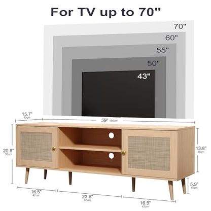 Rattan TV Stand for 55/60/65/70 inch TV, Boho 59" Entertainment Center with Storage, Modern Mid Century Media Console with Rattan Doors and Adjustable Shelf, Wood TV Stand for Living Room, Oak