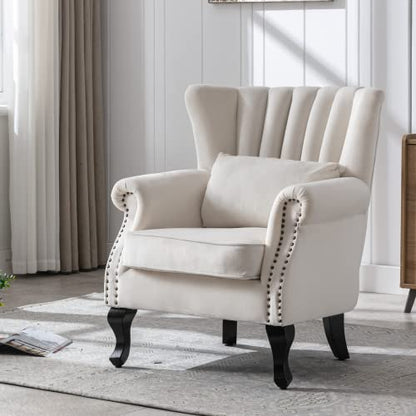 Mid-Century Modern Accent Chair Comfy Single Sofa Chair Channel Back Armchair with Small Pillow for Living Roon Bedroom Club - Velvet, Cream