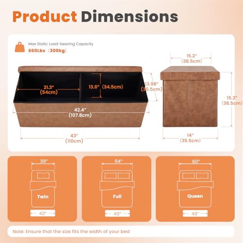 43 Inch Folding Storage Ottoman Bench, Large Hidden Storage Chest with Padded Seat, Foot Rest Stool Supports Up to 660Lbs, End of Bed Bench for Bedroom, Living Room, Faux Leather, Brown