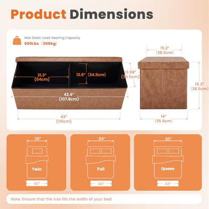43 Inch Folding Storage Ottoman Bench, Large Hidden Storage Chest with Padded Seat, Foot Rest Stool Supports Up to 660Lbs, End of Bed Bench for Bedroom, Living Room, Faux Leather, Brown