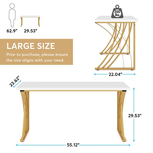 55’’ Large Modern Computer Desk, White & Gold Luxury Laptop PC Student Table, Makeup Vanity Table with Thick Frame & Strong Legs, Sturdy Writing Workstation for Home & Office