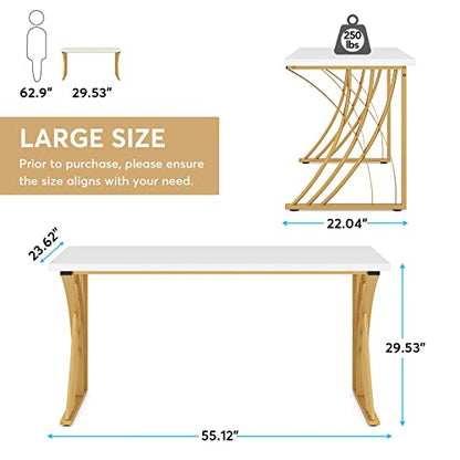 55’’ Large Modern Computer Desk, White & Gold Luxury Laptop PC Student Table, Makeup Vanity Table with Thick Frame & Strong Legs, Sturdy Writing Workstation for Home & Office