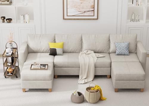 Modular Sectional Sofa with Storage, Faux Leather Sectional, Leather Couches for Living Room,Whitesand