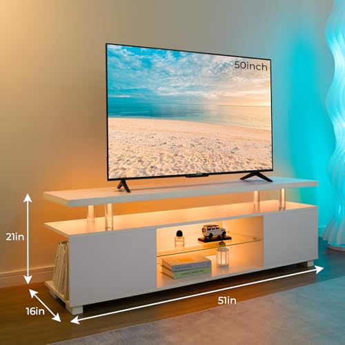 LED TV Stand White Entertainment Center, Gaming Center for 60 65 70inch TV, TV Console with Storage, TV Stands for Gaming Living Room, Bedroom and Playroom