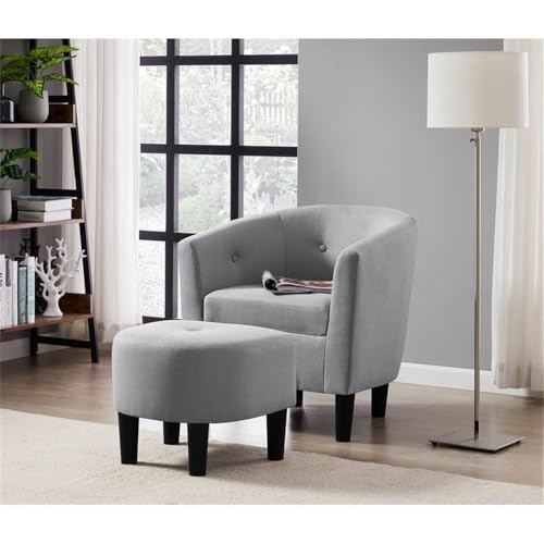 57" H Transitional Polyester Fabric Upholstered Button Tufted Accent Chair with Ottoman, Easy Assembly, for Living Room/Home Office, in Light Gray & Black Finish