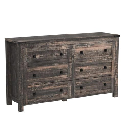 54" Wide Farmhouse 6-Drawer Dresser for Bedroom, Dark Rustic Oak | Rustic, Wood Storage Cabinet, Metal Handle, Unique Corner Accent, Bedroom, Living Room, Hallway