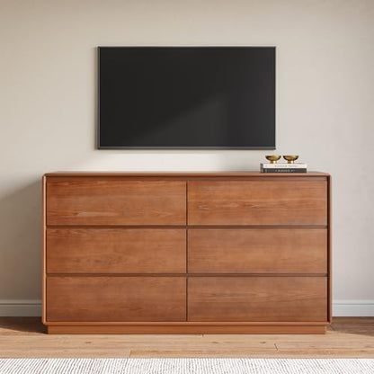 Solid Wood Dresser for Bedroom, Natural Solid Wood 6 Drawer Dresser,55.2" Wide Mid Century Modern Chest of Drawers, Closet Storage Organizer for Living Room, Bedroom