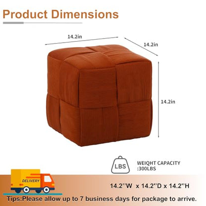 Square Footstool, Modern Upholstered Small Ottoman Cute Make up Stool for Foot Rest with Wood Frame for Living Room Bedroom, Orange Corduroy.