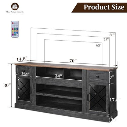 70 Inch Farmhouse TV Stand Table for 75 80 inch TV, Modern Entertainment Center with LED Lights and 2 Drawers, Wooden TV Stands for Living Room (Espresso)