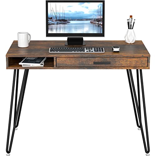 Home Office Computer Hairpin Leg Desk with Drawer, Rustic Brown