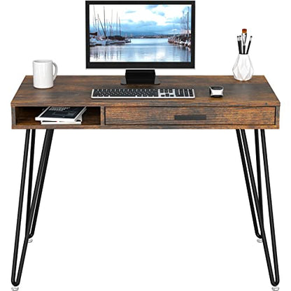 Home Office Computer Hairpin Leg Desk with Drawer, Rustic Brown