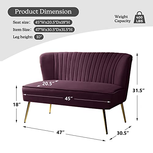 Contemporary Velvet Loveseat Sofa, Upholstered Loveseat Couch with Golden Metal Legs, Small Tufted 2-Seat Sofa Armless Love Seat for Living Room, Bedroom, Apartment Small Spaces, Purple