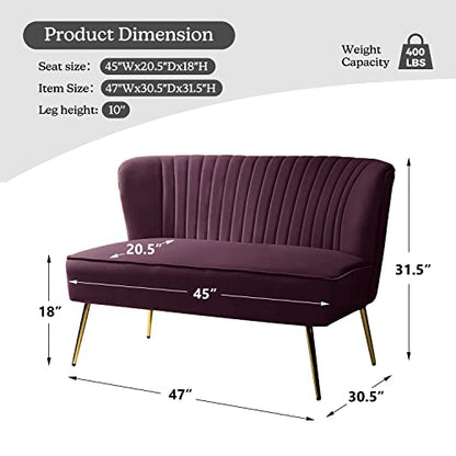 Contemporary Velvet Loveseat Sofa, Upholstered Loveseat Couch with Golden Metal Legs, Small Tufted 2-Seat Sofa Armless Love Seat for Living Room, Bedroom, Apartment Small Spaces, Purple