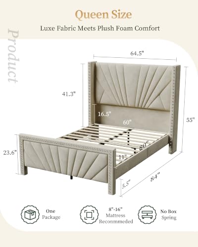 Queen Bed Frame 55" Velvet Upholstered Platform Bed, Art Deco, Cream White, view 3