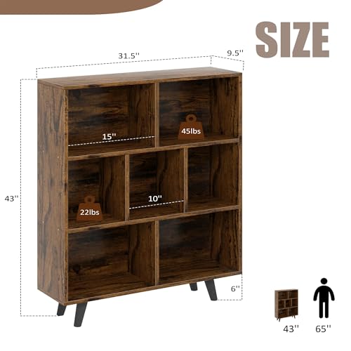 7 Cube Bookshelf, 3 Tier Mid-Century Modern Bookcase with Legs, Wooden Bookshelf Storage Organizer Display Bookcase for Bedroom, Living Room, Office, Rustic Brown