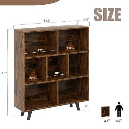 7 Cube Bookshelf, 3 Tier Mid-Century Modern Bookcase with Legs, Wooden Bookshelf Storage Organizer Display Bookcase for Bedroom, Living Room, Office, Rustic Brown