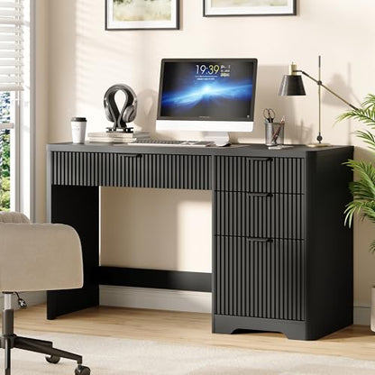 47" Office Desk with 4 Fluted Drawers, Wooden Home Exectuive Desk with A File Drawer, Modern Farmhouse Computer Desk for Work, Study, Home Office, Bedroom,Pure Black