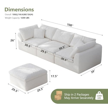 108" Boneless Cloud Couch Modular Sectional Sofa with Deep Seat for Living Room, L Shape Couch with Ottoman, Snowflake Fabric and 40D Memory Sponge，2 Throw Pillows (White, 3 Seater+1 Ottoman)