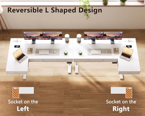 55 Inch L Shaped Standing Desk with 4 Wooden Drawers, White, view 7