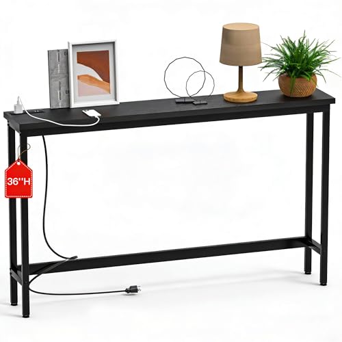 Charging Console Table with Outlet 36 Inch Tall Narrow Sofa Table One-Piece Top Behind Couch Table 2 USB 2 AC for Entryway Hallway, Living Room, Black