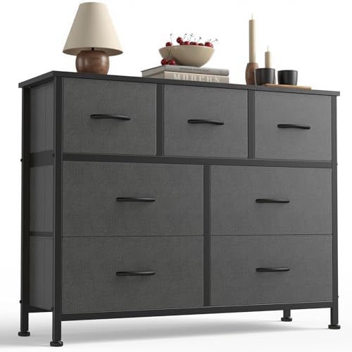 7 Drawer Dresser for Bedroom Storage with Fabric Bins, Gray, view 2