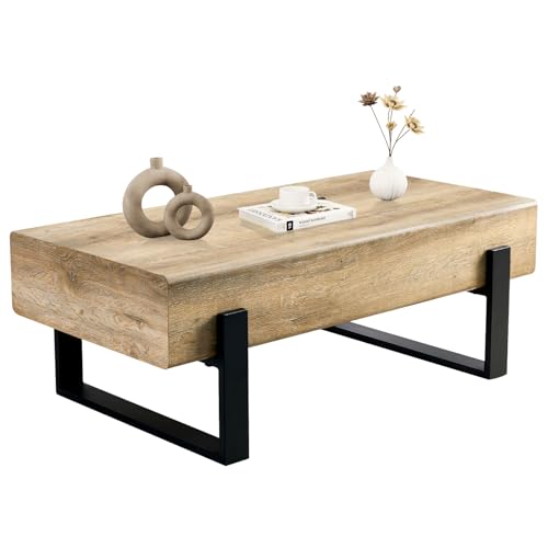 47.24" Rectangle Coffee Table, Wood Coffee Table Center Table with 7.8" Thick Tabletop Metal Legs Rounded Corners for Living Room Office, Natural Wood