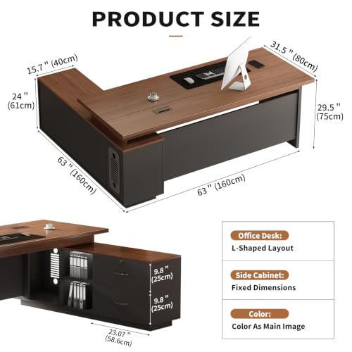 63" L-Shaped Executive Desk with Drawers, Office Desk with Storage, view 3