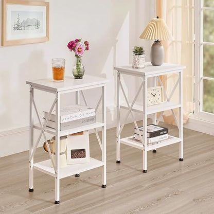 End Side Table Night Stand,X-Design with Storage Shelf for Bedroom,Living Room,White