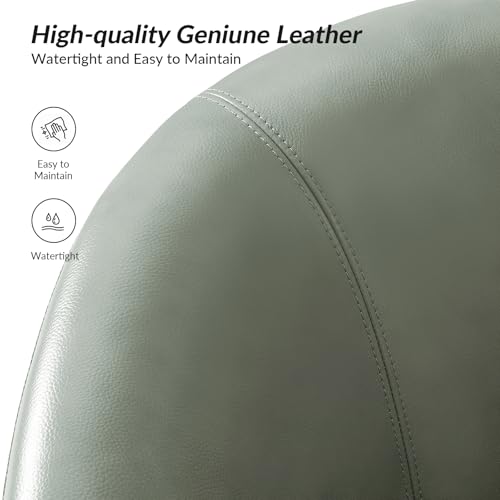 Genuine Leather Swivel Barrel Chair, Round Swivel Accent Chair with Solid Wood Base, No Assembly Required, Sage