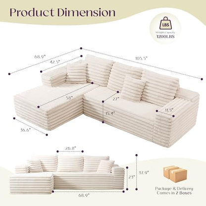 106" Oversized Modular Sectional Sofa, Deep Seat Cloud Couch with Corduroy Upholstery, L Shaped Boneless Sofas, Easy No-Assembly Lounge Couches for Living Room, Cream