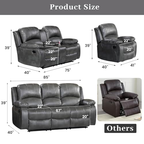 3PC Faux Leather Reclining Couch Set, Living Room Furniture Set, Sofa, Loveseat, Glider, 8018 Multiple Colors (Gray, Sofa+Loveseat+Chair) | 8018