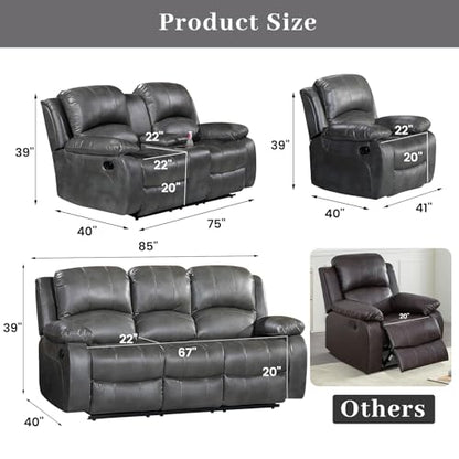 3PC Faux Leather Reclining Couch Set, Living Room Furniture Set, Sofa, Loveseat, Glider, 8018 Multiple Colors (Gray, Sofa+Loveseat+Chair) | 8018
