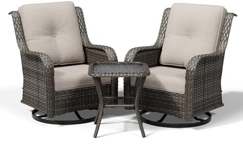 3 Piece Wicker Patio Furniture Set, Outdoor Swivel Rocker Patio Chairs with High Back, Deep Seating, Wide Armrest, Thickened Cushions, Outdoor Furniture for Deck, Porch Use