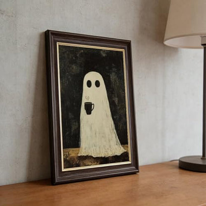 Halloween Ghost Canvas Wall Art with Natural Wood Grain Frame, Cozy Spooky Coffee Decor, Rustic Farmhouse Style Wall Picture for Living Room Kitchen Bedroom Autumn Seasonal Wall Decorations - 8x12