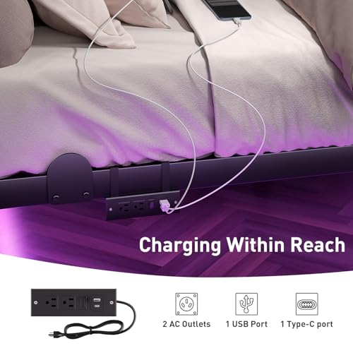 Floating Bed Frame Queen with LED Lights and Charging Station, view 6