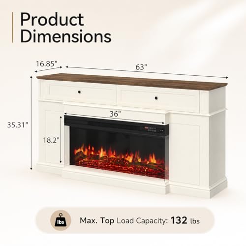 63“ Fireplace TV Stand with 3-Sided Electric Fireplace,Antique White, view 3