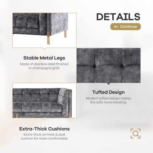 Luxury Modern Mid-Century Square Tufted Velvet Small Sofa for Living Room Bedroom Furniture, 74”W Loveseat, Deep Grey