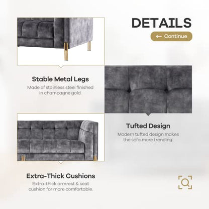 Luxury Modern Mid-Century Square Tufted Velvet Small Sofa for Living Room Bedroom Furniture, 74”W Loveseat, Deep Grey