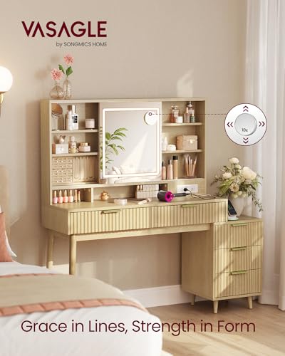 VASAGLE Fluted Vanity Desk with Sliding Mirror and Lights, 5 Drawers, view 4